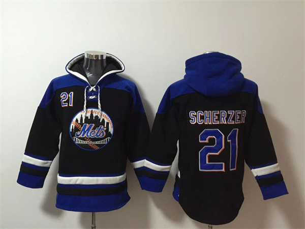 Men's New York Mets #21 Max Scherzer Black/Blue Ageless Must-Have Lace-Up Pullover Hoodie